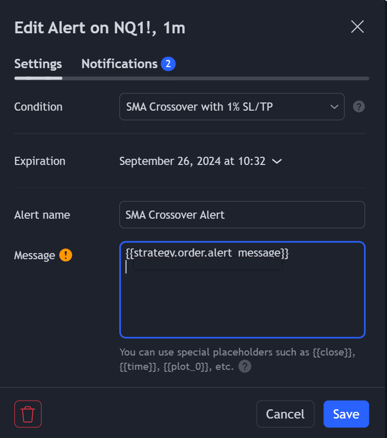 Example of using dynamic variable replacement in TradingView alert message