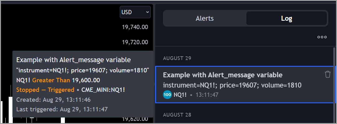 Example alert_message variable in TradingView alerts log