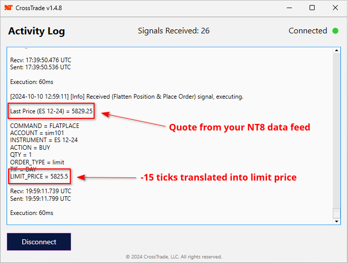 CrossTrade Add-On running on NT8 fills -15 tick buy limit order in ES 12-24