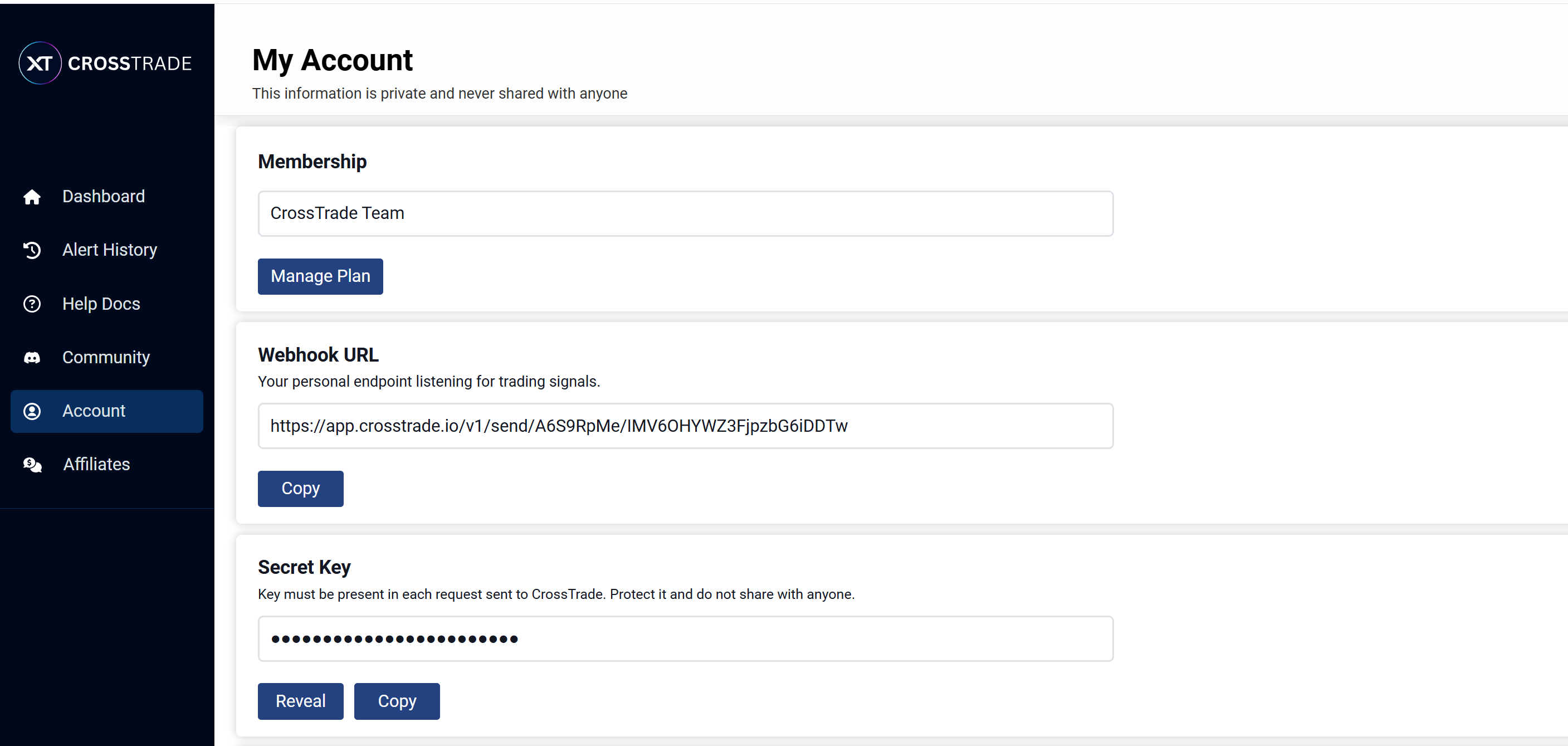 Screenshot of account page showing secret key and webhook url
