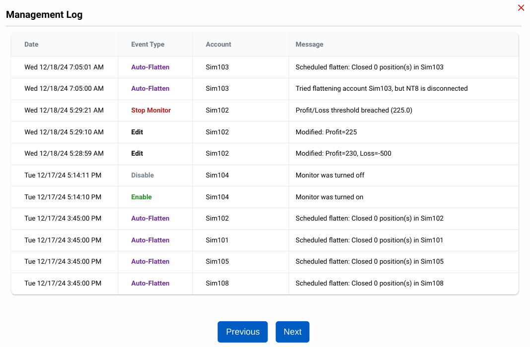 CrossTrade Account Management Logs screenshot showing events and modifications made to continuous profit/loss monitors 