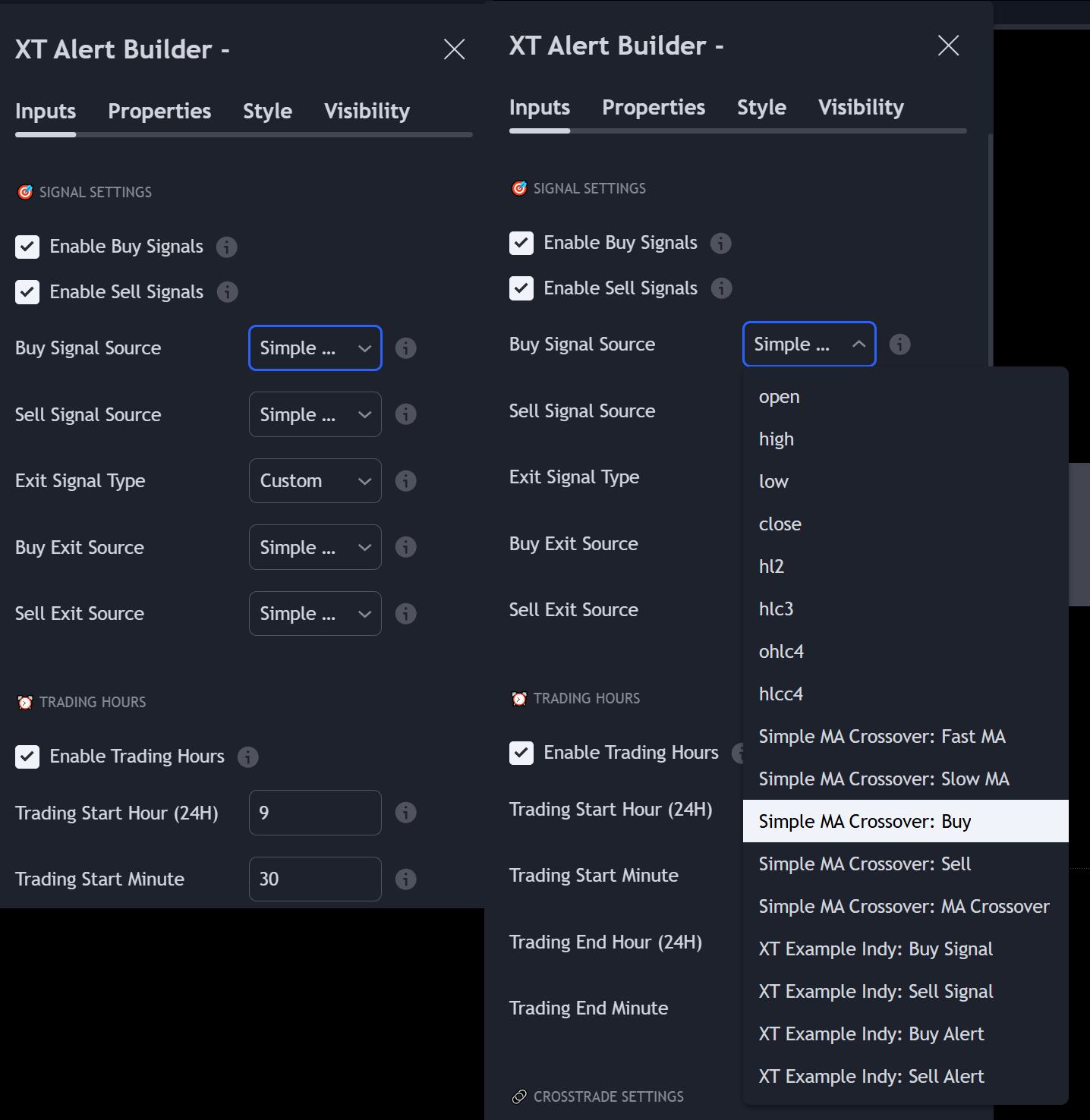 tradingview inputs panel image showing the signal settings for the xt alert builder strategy