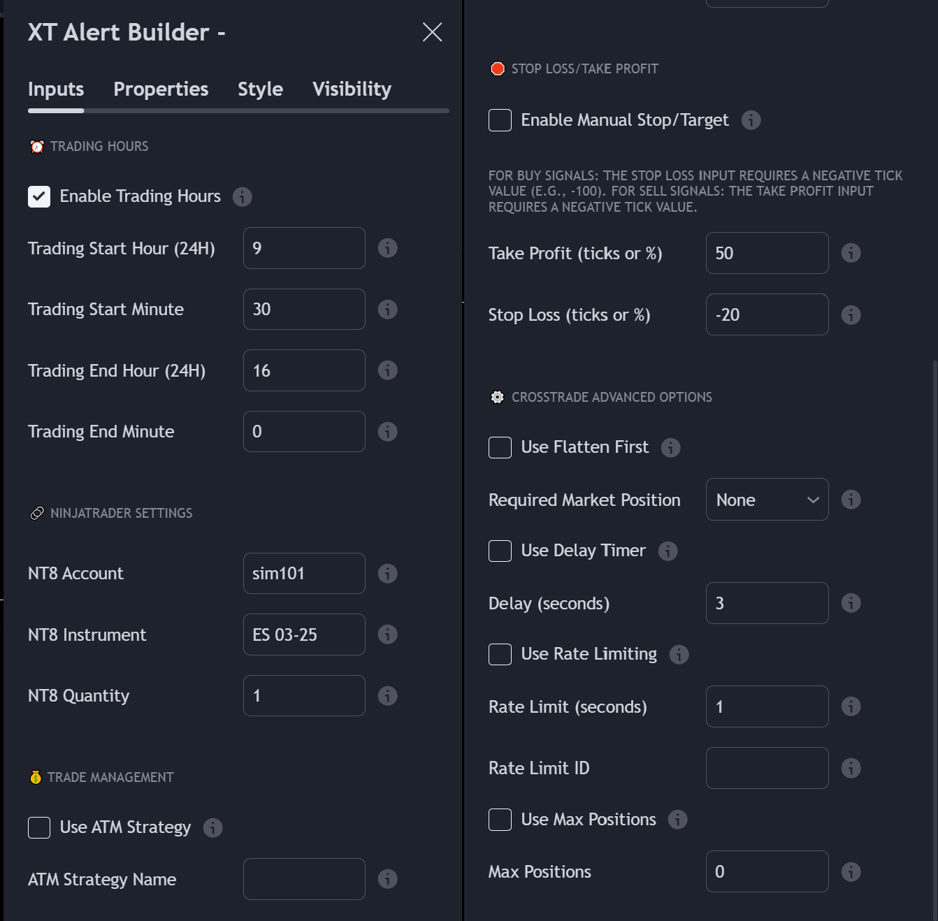 inputs panel with trading hours, ninjatrader settings, trade management and crosstrade advanced settings