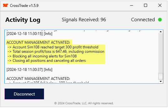 CrossTrade NT8 Add-On showing $300 profit target hit and all positions closed