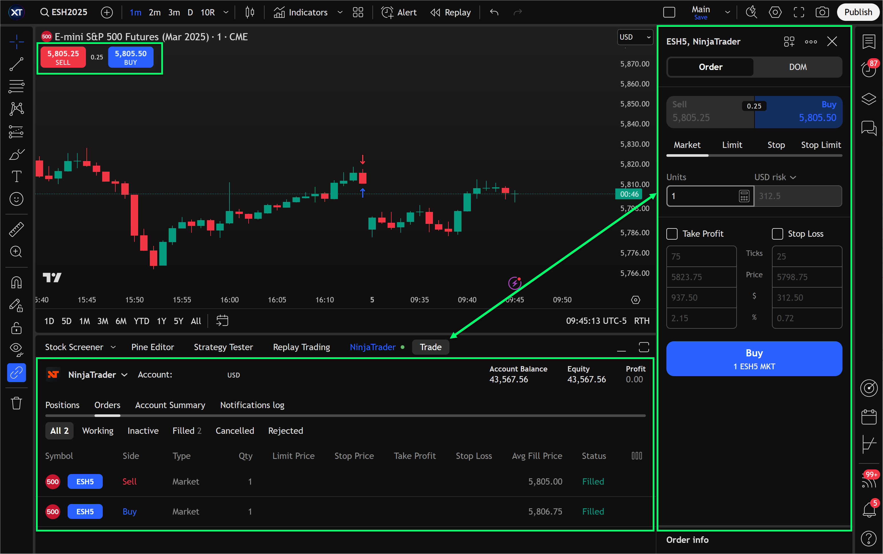 NinjaTrader manual trade window inside TradingView