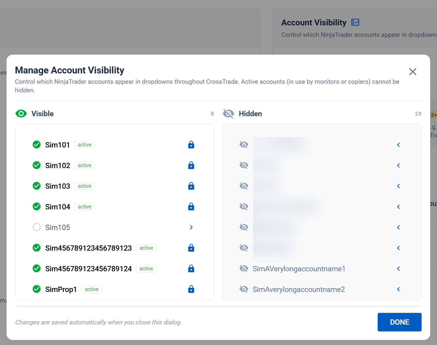 visibility manager to hide inactive accounts