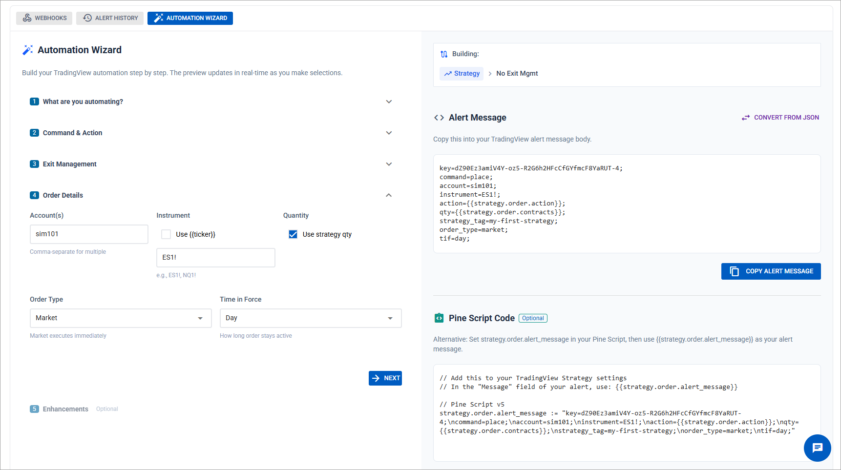 CrossTrade Automation Wizard interface building a webhook command with dropdown fields for action, order type, instrument, and bracket configuration