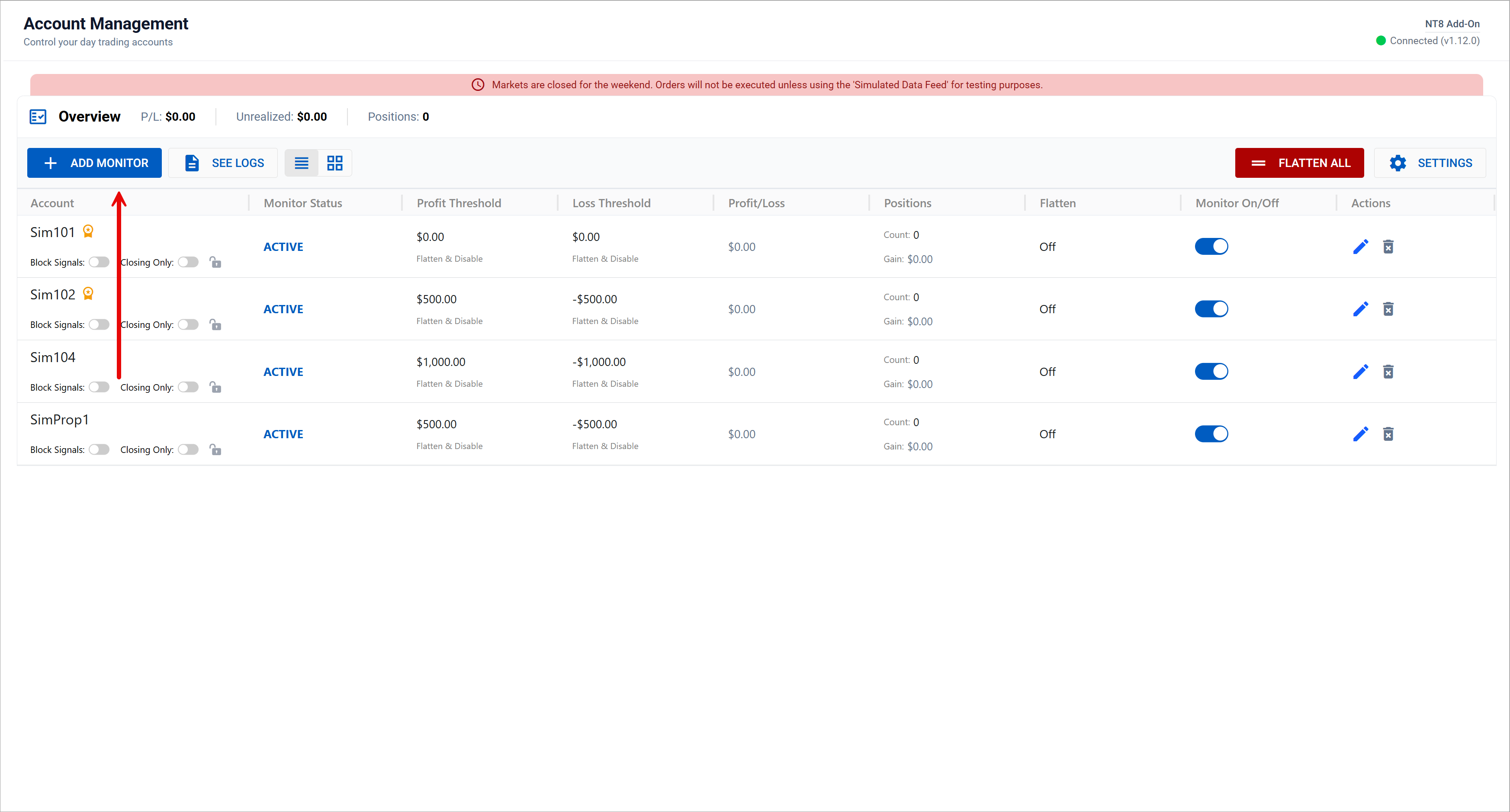 CrossTrade Add Monitor dropdown displaying available NinjaTrader 8 accounts for account management setup.