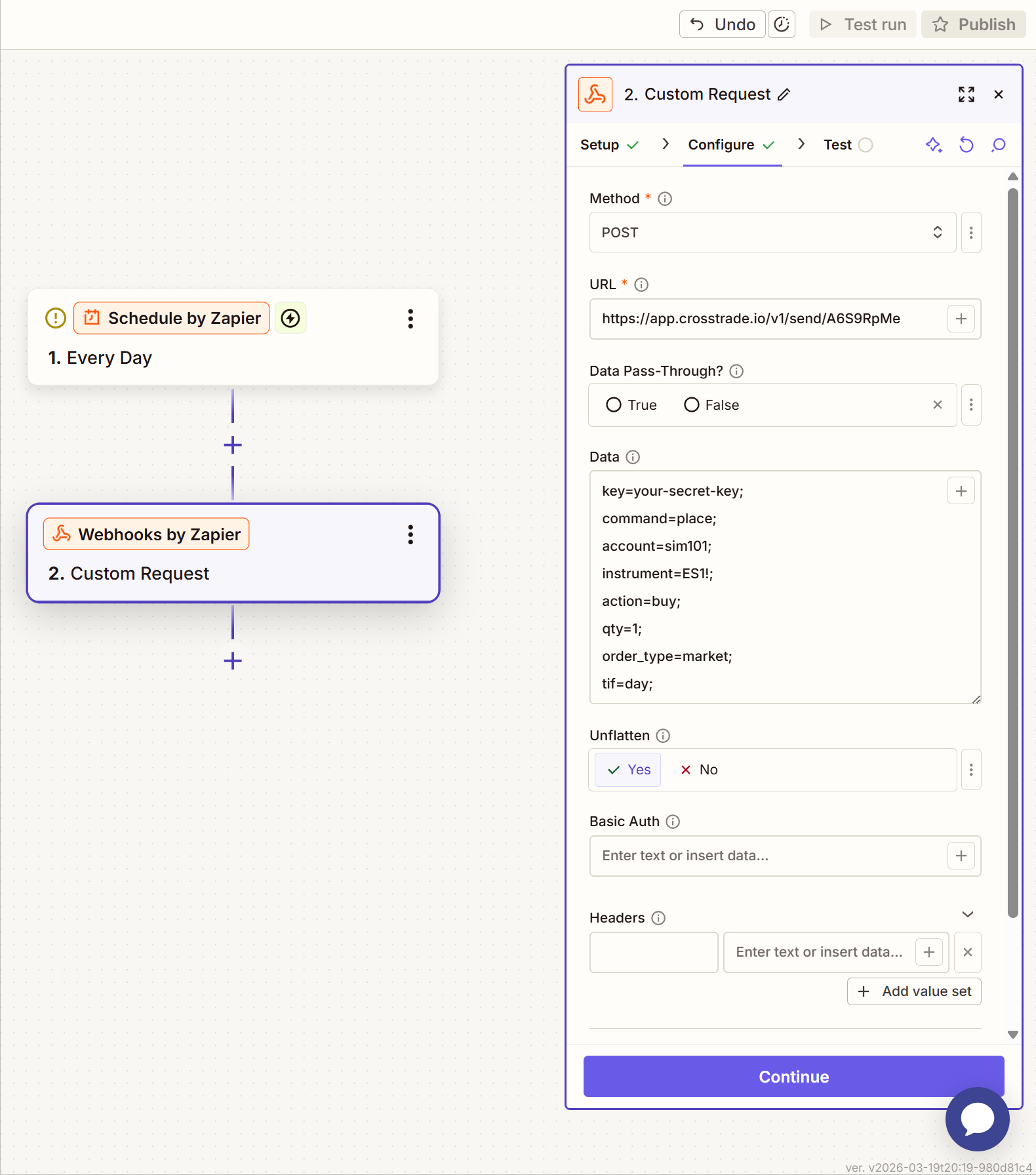 Zapier workflow showing a Schedule trigger connected to a Webhooks by Zapier Custom Request action, with the CrossTrade webhook URL and semicolon-delimited command payload visible in the configuration panel