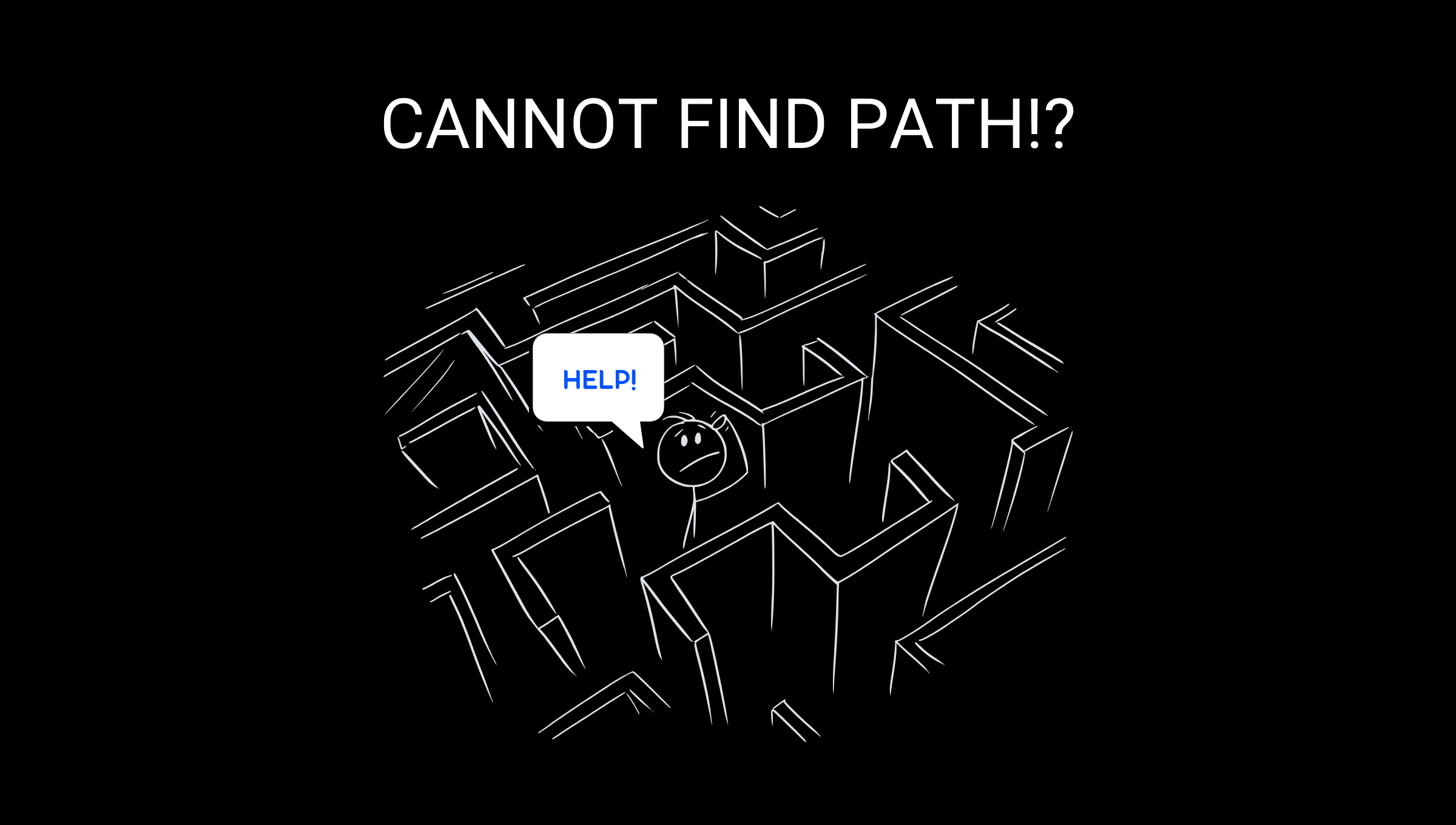 Confused person lost in a maze with text 'Cannot find path!?', symbolizing difficulty locating NinjaTrader.