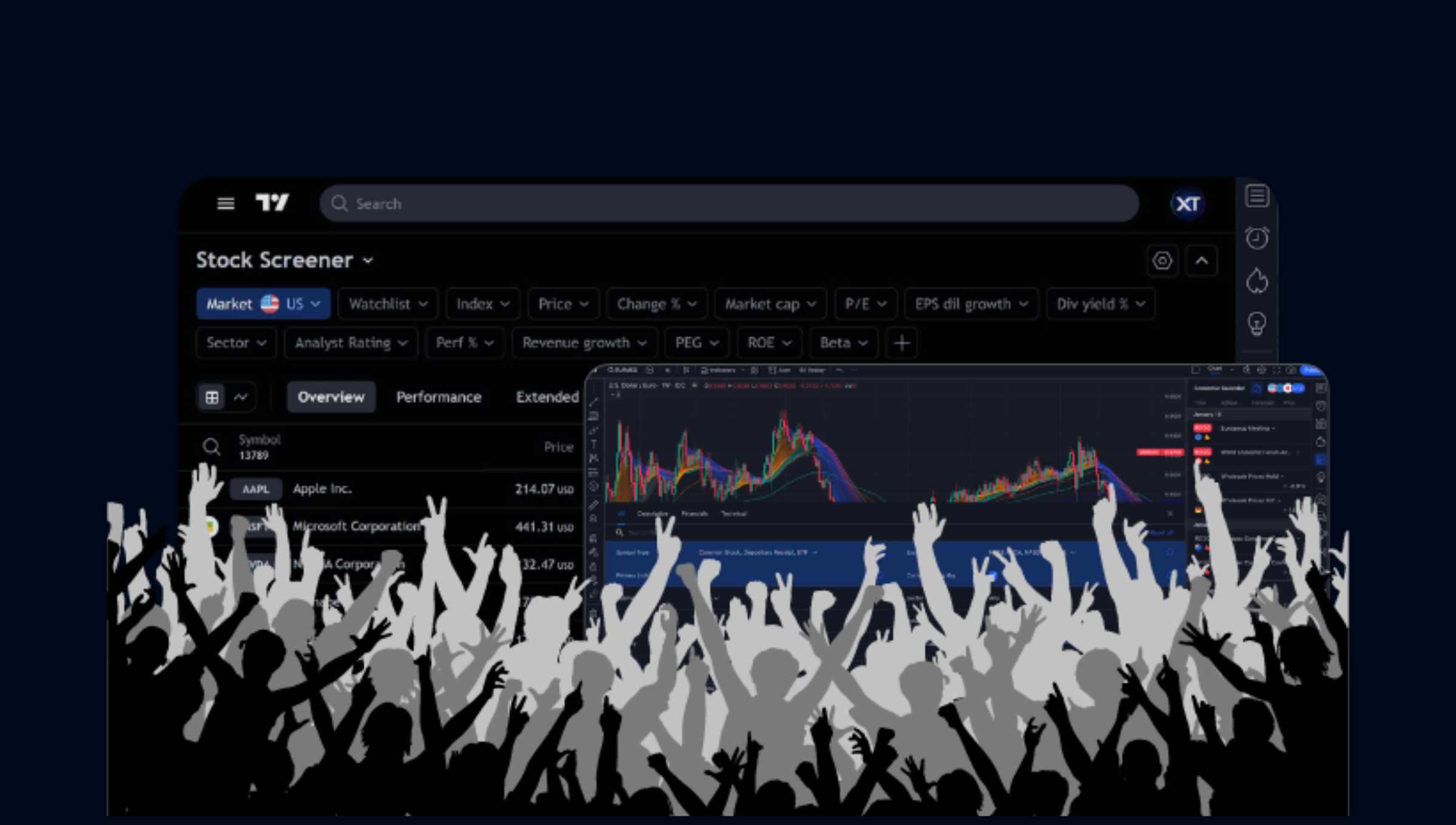 Excited crowd cheering in front of TradingView’s stock screener and chart interface.