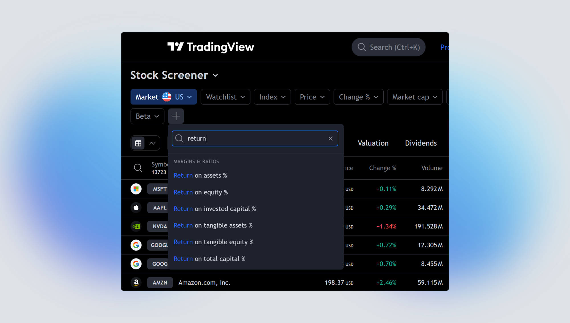 TradingView stock screener with new return-based indicators in the search bar.