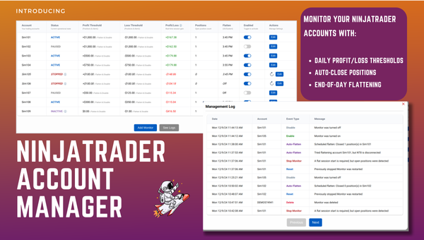 image showing the ninjatrader account management dashboard with text explaining key features