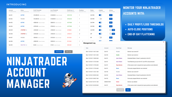 image showing the ninjatrader account management dashboard with text explaining key features