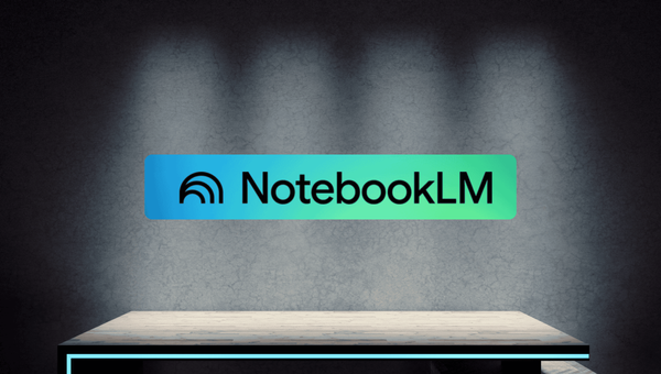 notebooklm logo hovering over a desk with blue and green gradient accents