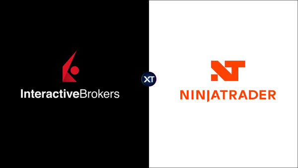 interactive-brokers logo next to the ninjatrader logo with crosstrades XT logo in between