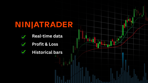 NinjaTrader logo with checklist showing real-time data, profit and loss, and historical bars over a candlestick chart — CrossTrade API feature update