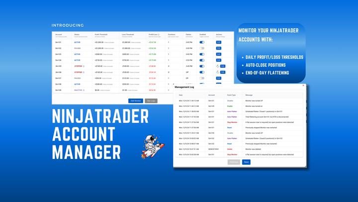 image showing the ninjatrader account management dashboard with text explaining key features